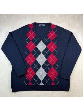 WoolOvers Navy Blue V Neck Argyle Pullover Sweater Woolmark Preppy Diamond
